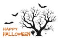 Happy Halloween text banner or background with scary tree, bat silhouettes, spider web and ghost.