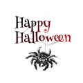 Happy Halloween text banner. Cartoon gigantic spider is hanging on its web. Vector illustration Royalty Free Stock Photo