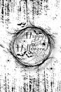 Happy Halloween Text Banner, horror wreath of branches, a realistic round frame border of twisted branches, grunge vector