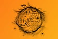 Happy Halloween Text Banner, horror wreath of branches, a realistic round frame border of twisted branches, vector illustration