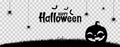 Happy halloween text banner with smile pumpkin face on grass field, bats flying, spider, spider web, isolated on png or