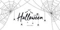 Happy Halloween text banner with spiders and web, bat and cat.  Background for Halloween banner, invitation, card with spiderweb Royalty Free Stock Photo