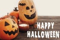 Happy Halloween text, bloody sign on pumpkins, jack-o-lantern, Royalty Free Stock Photo