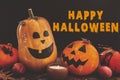 Happy Halloween text, bloody sign on pumpkins, jack-o-lantern, w Royalty Free Stock Photo