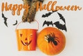 Happy Halloween text on cat paws holding Jack o lantern candy pail on white background with pumpkin, bats and spider decorations, Royalty Free Stock Photo