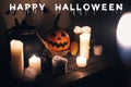 Happy Halloween text concept. Seasons greeting, spooky Halloween