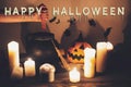 Happy Halloween text concept. Spooky Halloween sign. Witch hand