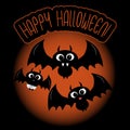 Happy halloween text, cute little flying bat family. Smiling face, hand drawn.