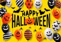 Happy halloween text design banner. Ghost Balloons. Scary air balloons. Vector illustration. on yellow background. Royalty Free Stock Photo