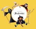 Happy Halloween text frame greeting card. Witch on broom, vampire, dracula, mummy, skeleton, death with scythe