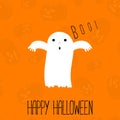 Happy Halloween text lettering with cute funny ghost on pumpkins background. Halloween background. Vector.