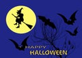 Happy Halloween text with light pole and smileing bats and cute spider at full moon Royalty Free Stock Photo
