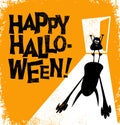 Happy Halloween text with little zombie casting huge scary shadow.