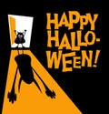 Happy Halloween text with little zombie casting huge scary shadow. Royalty Free Stock Photo