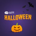 Happy Halloween text postcard banner with scary face on pumpkin Royalty Free Stock Photo