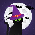 Happy Halloween text postcard banner with witch cat, hat, bats, big moon Royalty Free Stock Photo