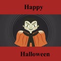 Happy halloween text on red with smiling vampire character in cape on dark grey