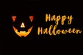 Happy Halloween text sign. Halloween pumpkin with scary glowing