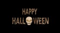 Happy Halloween Text with a spooky Ghost Skull with glowing eyes isolated on Black