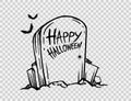 Happy halloween text on tomb with spiders,spiderwebs,pumpkins,bats, cemetery isolated on png or transparent, blank space for text,