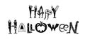 Happy Halloween text vector. Creative banner for party or holiday events design. Halloween black silhouette characters. Royalty Free Stock Photo