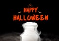 Happy halloween text with white smoke in glass bottle with pumpkin icon,Spooky holiday card