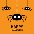 Happy Halloween. Three black spider silhouette hanging on dash line web. Funny insect set. Big eyes. Cute cartoon baby character.