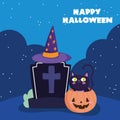 Happy halloween, tombstone cat in pumpkin hat night trick or treat party celebration Royalty Free Stock Photo