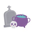 Happy halloween tombstone cauldron and skull cartoon Royalty Free Stock Photo