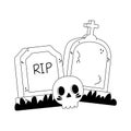 Happy halloween tombstones cemetery and skull line style Royalty Free Stock Photo