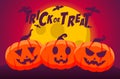 Happy Halloween Trick or Treat Background with jack-o-lantern and Flying Bat on a Full Moon Night Royalty Free Stock Photo