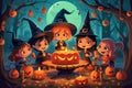 Halloween greeting card with kids, pumpkins and scary house