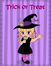 Happy Halloween trick or treat greeting card of little baby girl in witch dress