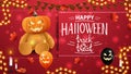 Happy Halloween, trick or treat, horizontal red greeting postcard with Teddy bear with Jack pumpkin head Royalty Free Stock Photo