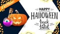 Happy Halloween, trick or treat, modern greeting postcard for your website with big arrow on background, pumpkin Jack