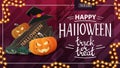 Happy Halloween, trick or treat, modern horizontal discount banner with wooden sign, witch hat and pumpkin Jack