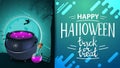 Happy Halloween, trick or treat, modern horizontal greeting postcard with beautiful night halloween landscape