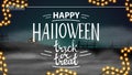 Happy Halloween, trick or treat, modern horizontal greeting postcard with beautiful night halloween landscape