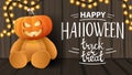 Happy Halloween, trick or treat, modern horizontal greeting postcard with wooden texture, garland and Teddy bear