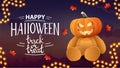 Happy Halloween, trick or treat, postcard with city on background and Teddy bear with Jack pumpkin head Royalty Free Stock Photo