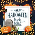 Happy Halloween, trick or treat, postcard in form of paper sheet with halloween decor, tombstone and pumpkin Jack. Royalty Free Stock Photo