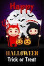 Happy Halloween Trick or Treat poster with kids in costumes devil and grim Reaper. Halloween greeting card Royalty Free Stock Photo