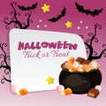 Happy halloween trick or treat with pot of candy