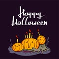 Happy halloween trick or treat pumpkins, bats and spider web full moon on dark night background decoration for poster, web, banner