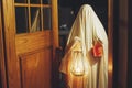 Happy Halloween! Trick or treat! Spooky ghost holding glowing lantern and halloween candy bucket in doors in dark. Scary Royalty Free Stock Photo