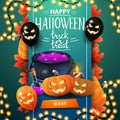 Happy Halloween, trick or treat, square green greeting card for web site with vertical ribbon with Halloween decor, button