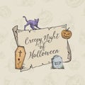 Happy Halloween Trick or Treat Vector Banner Template. Hand Drawn Scroll Paper Background, Coffin, Cat, Pumpkin and Tomb