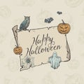 Happy Halloween Trick or Treat Vector Banner Template. Hand Drawn Scroll Paper Background, Owl, Bats, Pumpkins, Spider Royalty Free Stock Photo