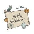Happy Halloween Trick or Treat Vector Banner Template. Hand Drawn Scroll Paper Background, Owl, Pumpkins, Spider and Royalty Free Stock Photo