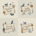 Happy Halloween Trick or Treat Vector Banner Templates Set. Hand Drawn Scroll Paper Background with Holiday Sketch Royalty Free Stock Photo